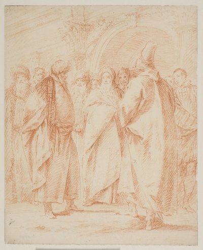 Joukko miehiä kokoontui portin eteen tekijältä Giovanni Battista Tiepolo