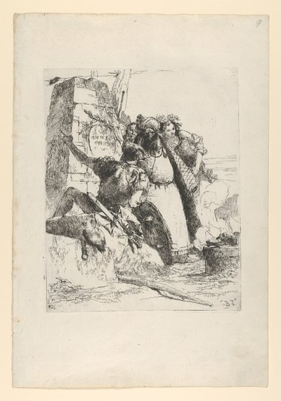 Taikuri, sotilas ja kolme hahmoa katselemassa palavaa pääkalloa Scherzi d... -kadulta, n. 1743-50. tekijältä Giovanni Battista Tiepolo
