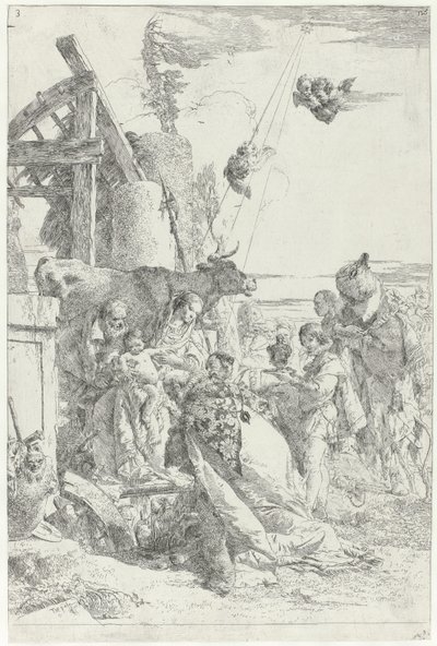 Kolmen kuninkaan Kristuksen lapsen palvonta Scherzi di fantasia (sarjan nimi) tekijältä Giovanni Battista Tiepolo