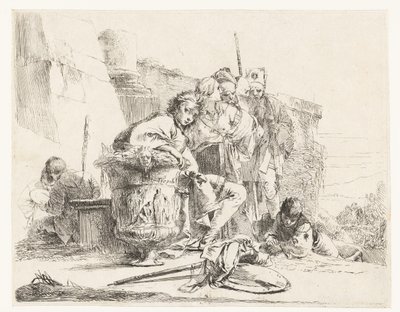Poika istuu maljakon vieressä muiden ihmisten kanssa tekijältä Giovanni Battista Tiepolo