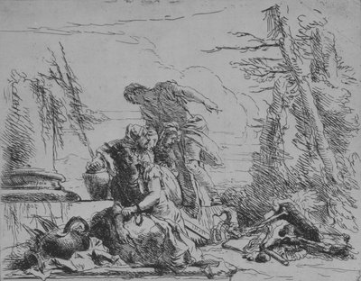 Kahlittu nainen ja muita hahmoja luista, Capricci-vuorelta, 1743. tekijältä Giovanni Battista Tiepolo