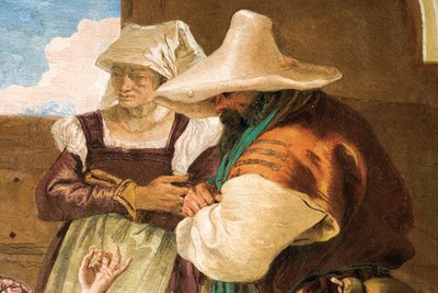 Yksityiskohta Angelican ja Medoron talonpoikien lomasta, Orlando Furioson huoneesta Palazzinassa, 1757 tekijältä Giovanni Battista Tiepolo