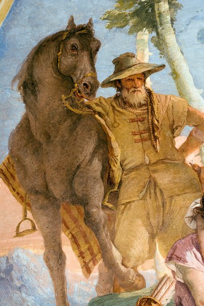 Yksityiskohta talonpojasta, Angelicasta, joka tulee avuksi haavoittuneelle Medorolle, Orlando Furioson huoneesta Palazzinassa, 1757 tekijältä Giovanni Battista Tiepolo