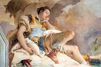 Yksityiskohta Rinaldosta, Armidalta, joka sieppaa nukkuvaa Rinaldoa, Jerusalemin huoneesta, toimitettu Palazzinassa, 1757 tekijältä Giovanni Battista Tiepolo