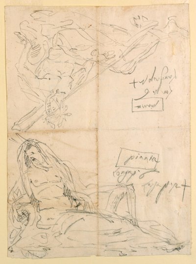 Piirros, Kaksi luonnosta jokijumalista, n. 1750. tekijältä Giovanni Battista Tiepolo