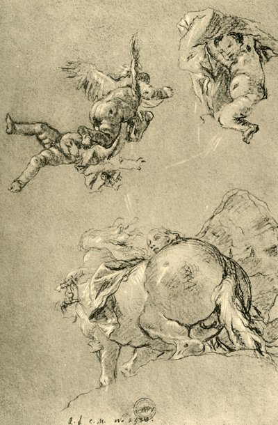 Leijuvat Cupidit ja yksi horaista aurinkoratsun kanssa, 1752-1753, 1928 tekijältä Giovanni Battista Tiepolo