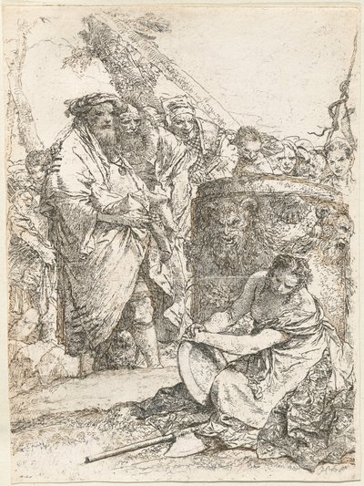 Taikuri ja muut hahmot palavan alttarin edessä, jossa on pääkallo ja luut tekijältä Giovanni Battista Tiepolo