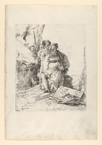 Taikuri neljän hahmon kanssa savuavan alttarin lähellä, Scherzistä, n. 1743-52. tekijältä Giovanni Battista Tiepolo