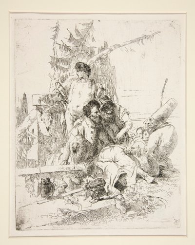 Punchinello puhuu kahdelle taikurille sarjasta Scherzi di Fantasia tekijältä Giovanni Battista Tiepolo