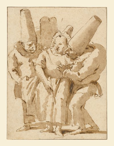 Punchinellos lähestyy naista tekijältä Giovanni Battista Tiepolo