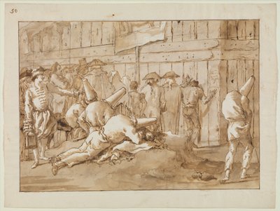 Punchinellos sirkuksen ulkopuolella, n. 1800 tekijältä Giovanni Battista Tiepolo
