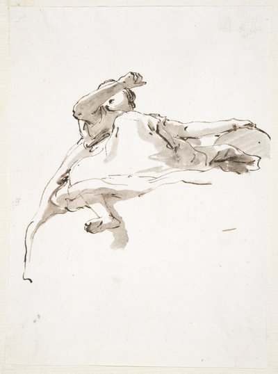 Makaava naishahmo, vasen käsi maapallon päällä, oikea käsi nostettuna kasvojen eteen, alhaalta katsottuna tekijältä Giovanni Battista Tiepolo