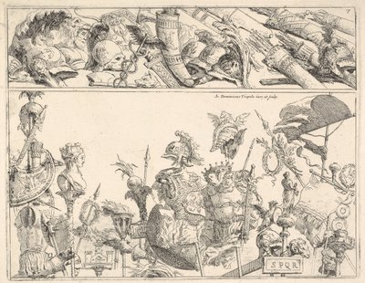 Roomalaiset aseet, standardit ja pokaalit, kahdeksi vaakasuuntaiseksi nauhaksi jaettu sävellys, 1774. tekijältä Giovanni Battista Tiepolo