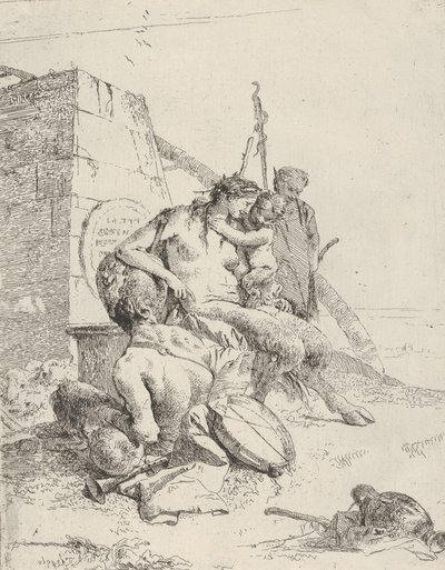 Satyr-perhe obeliskin kanssa, Scherzistä, n. 1743-50. tekijältä Giovanni Battista Tiepolo