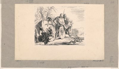 Istuva nainen, nuori sotilas ja taikuri Vari Capriccista tekijältä Giovanni Battista Tiepolo