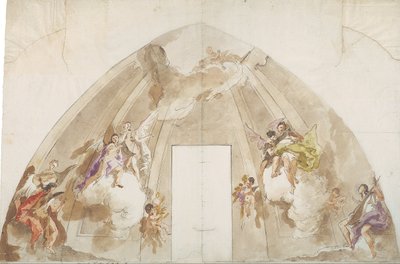 Laulavat ja musisoivat enkelit: Udinen katedraalin kattoa varten tehty piirustus. tekijältä Giovanni Battista Tiepolo