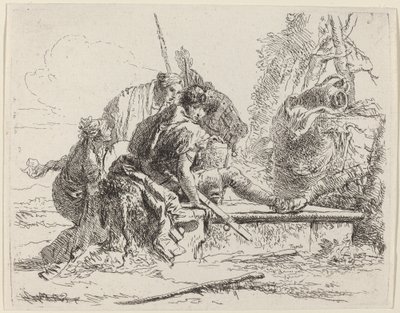 Sotilas istuu haudalla ympärillä olevien hahmojen kanssa tekijältä Giovanni Battista Tiepolo