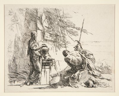 Seisova nainen ja istuva mies ennen obeliskia, sarjasta Vari Capricci tekijältä Giovanni Battista Tiepolo