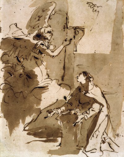Annunciation (kynä ja ruskea muste ja ruskea pesu paperille) tekijältä Giovanni Battista Tiepolo