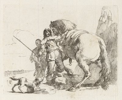 Ratsastaja seisomassa hevosensa luona, kirjasta Vari capricci (Various Capriccios) tekijältä Giovanni-Battista Tiepolo