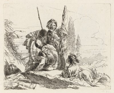Kolme sotilasta ja poika, Vari capricci (Various Capriccios) tekijältä Giovanni Battista Tiepolo