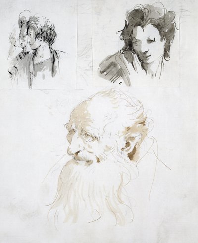 Kolme tutkimusta päistä (kynä, muste ja pesu paperille) tekijältä Giovanni Battista Tiepolo