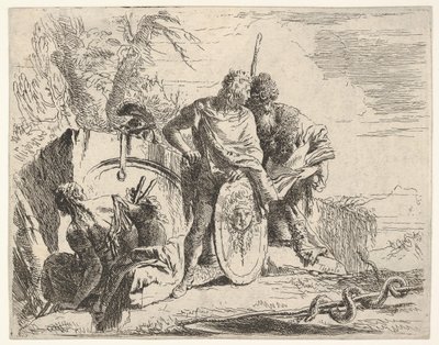 Kolme hahmoa ja käärme kiertyneenä sauvan ympärille maiseman ympäröimänä, ce..., 1700-luku. tekijältä Giovanni Battista Tiepolo