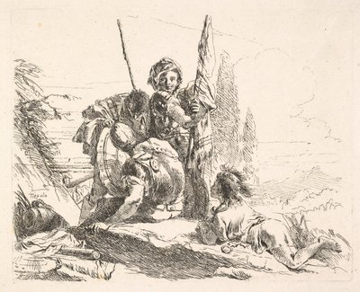 Kolme sotilasta ja nuorukainen makaamassa vatsallaan maisemassa, sotilaat kantavat..., n. 1740-42. tekijältä Giovanni Battista Tiepolo
