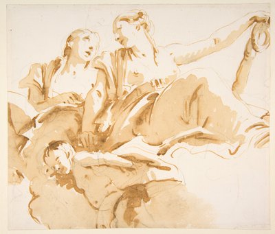 Zwei Frauen, eine hält einen Anker, und ein Putto auf Wolken tekijältä Giovanni Battista Tiepolo