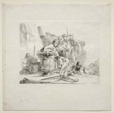 Erilaisia otuksia: Nuori mies istuu uurnia vasten nojaten tekijältä Giovanni Battista Tiepolo