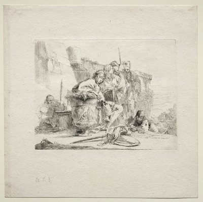 Erilaisia otuksia: Nuori mies istuu, nojaten uurnia vasten, 1785. tekijältä Giovanni Battista Tiepolo