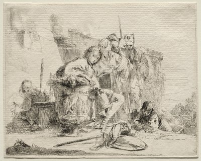 Erilaisia otuksia: Nuori mies istuu, nojaa uurnia vasten tekijältä Giovanni Battista Tiepolo