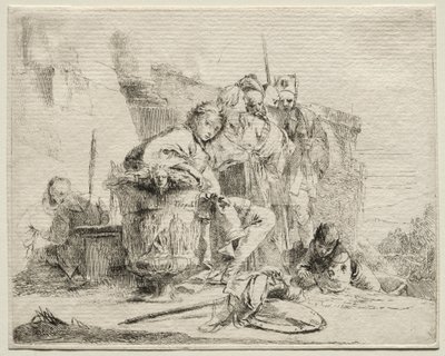 Erilaisia otuksia: Nuori mies istuu, nojaa uurnia vasten. tekijältä Giovanni Battista Tiepolo