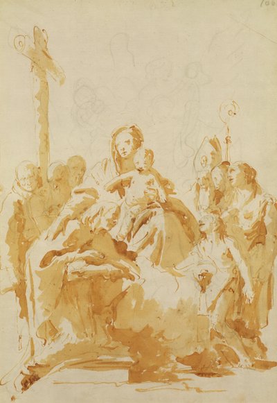 Piispojen, munkkien ja naisten palvoma neitsyt ja lapsi, 1735-40 (kynä ja ruskea muste, ruskea pesu mustalla liidulla levitetylle paperille) tekijältä Giovanni Battista Tiepolo