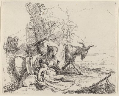 Nainen, satyyrilapsi ja vuohi maisemassa tekijältä Giovanni Battista Tiepolo