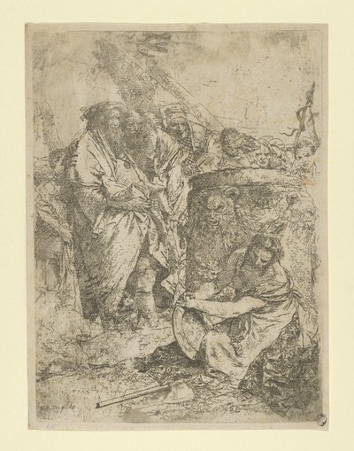 Nainen polvistumassa Taikurien ja muiden hahmojen edessä, Scherzistä, n. 1740. tekijältä Giovanni Battista Tiepolo