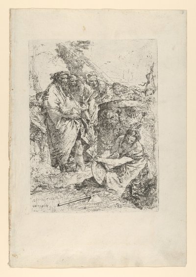 Nainen polvistumassa taikurien ja muiden hahmojen edessä, Scherzistä, n. 1743-50. tekijältä Giovanni Battista Tiepolo