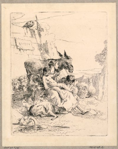 Nainen, jolla on kaksi lasta ja aasi, levy 21 Scherzi di Fantasialta tekijältä Giovanni Battista Tiepolo