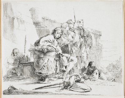 Nuori mies istuu, uurnaa vasten, lautanen Vari Capriccilta (Various Caprices), 1740-luku tekijältä Giovanni Battista Tiepolo