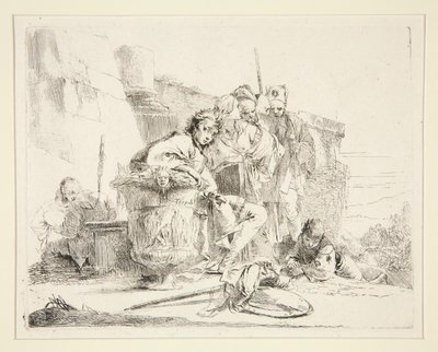 Nuori mies istuu ja nojaa uurnaan, sarjasta Vari Capricci tekijältä Giovanni Battista Tiepolo