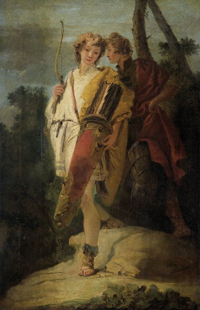 Nuori mies jousi ja iso viiri ja hänen seuralaisensa kilven kanssa, entinen nimeltään Telemachus and Mentor tekijältä Giovanni Battista Tiepolo