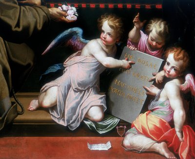 Oikean alareunan yksityiskohta Porziuncolan antaumuksesta tekijältä Giovanni Battista Trotti