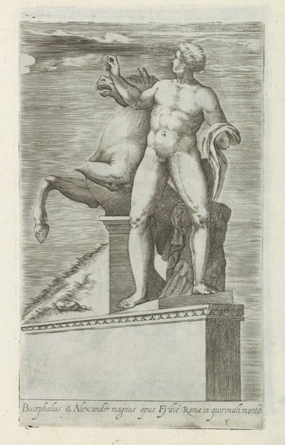 Sculptuur van een van de Dioscuren op het Quirinaal te Rome Bucephalus & Alexander suuri työ (...) (otsikko esineessä) Antiikkiveistoksia Roomassa (sarjan nimi) Ikonit Rooman kaupungin muinaisista patsaista, joita nähdään julkisilla paikoilla (sarjan nimi) tekijältä Giovanni Battista de