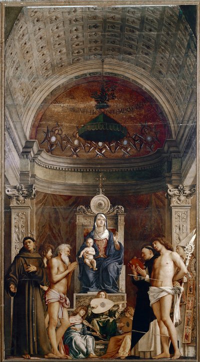 Pyhän Jobin alttaritaulu: Neitsyt ja lapsi kuuden pyhän ja muusikon enkelin kanssa (tempera taulussa, n. 1487) tekijältä Giovanni Bellini
