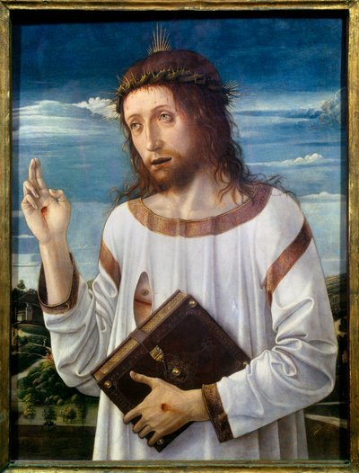 Giovanni Bellini dit il Giambellino (1430-1516) Kristus-penkkimaalaus 1460 su.0,58x0,46 m - Kristuksen siunaus. Giovanni Bellinin maalaus nimeltä Giambellino (1430-1516) 1460. 0,58 x 0,46 m. Louvre-museo, Pariisi tekijältä Giovanni Bellini