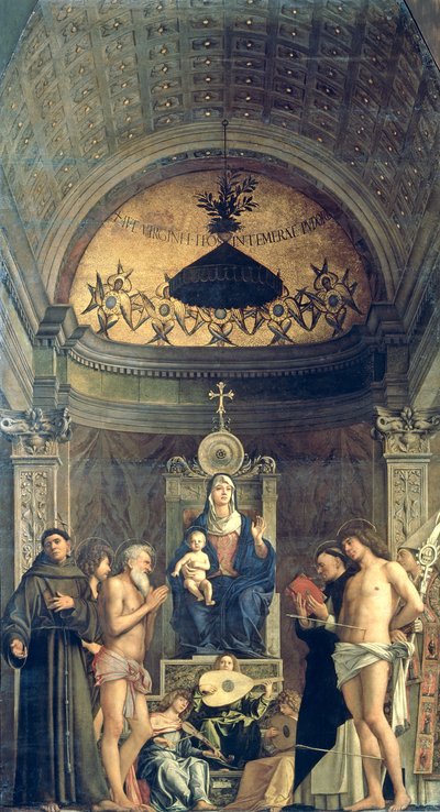 Madonna ja lapsi istuivat SS:n välissä. Franciscus, Johannes Kastaja, Job, Dominic, Sebastian ja Louis (San Giobben alttaritaulu) n. 1487 (katso yksityiskohdat 61101 ja 276359) tekijältä Giovanni Bellini