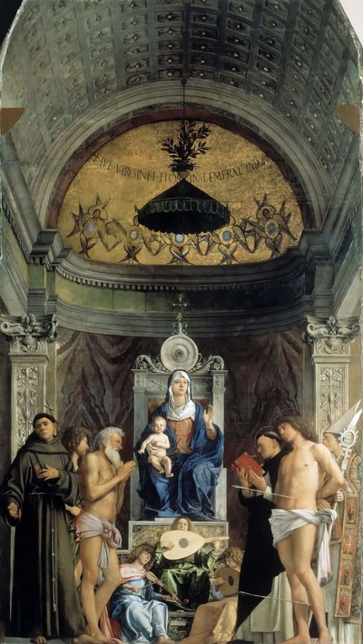 Madonna ja lapsi, musiikkienkelit ja pyhät Franciscus, Johannes Kastaja, Job, Dominic..., n. 1487 tekijältä Giovanni Bellini
