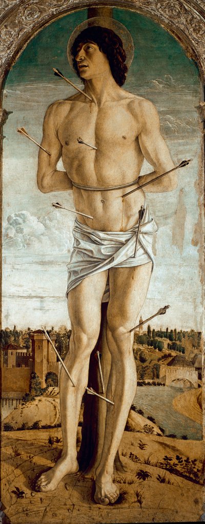 Saint Vincent Ferrierin polyyptyykki: Saint Sebastian (St. Vincentin Ferrerin polyptyykki: St Sebastian) Giovanni Bellinin maalaus dit il Giambellinon (n. 1432-1516) 1464-1468 Mitat 167x67 cm Venetsian Santi Giovanni e Paolo -kirkko tekijältä Giovanni Bellini