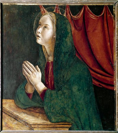 Saint Vincent Ferrierin polyptyykki: ilmestyksen neitsyt (Pyhä Vincent Ferrerin polyptyykki: ilmestyksen neitsyt) Giovanni Bellinin maalaus dit il Giambellinon (n. 1432-1516) 1464-1468 Dim 72x67 cm Santi Paicevanin kirkko Gioloo tekijältä Giovanni Bellini