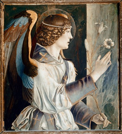 St Vincent Ferrierin polyptyykki: Ilmoituksen enkeli (St Vincent Ferrerin polyptyykki: Ilmoituksen enkeli) Giovanni Bellinin maalaus dit il Giambellinon (n. 1432-1516) 1464-1468 Koko 72x67 cm Santi Gio Paolo Venetsian kirkko tekijältä Giovanni Bellini